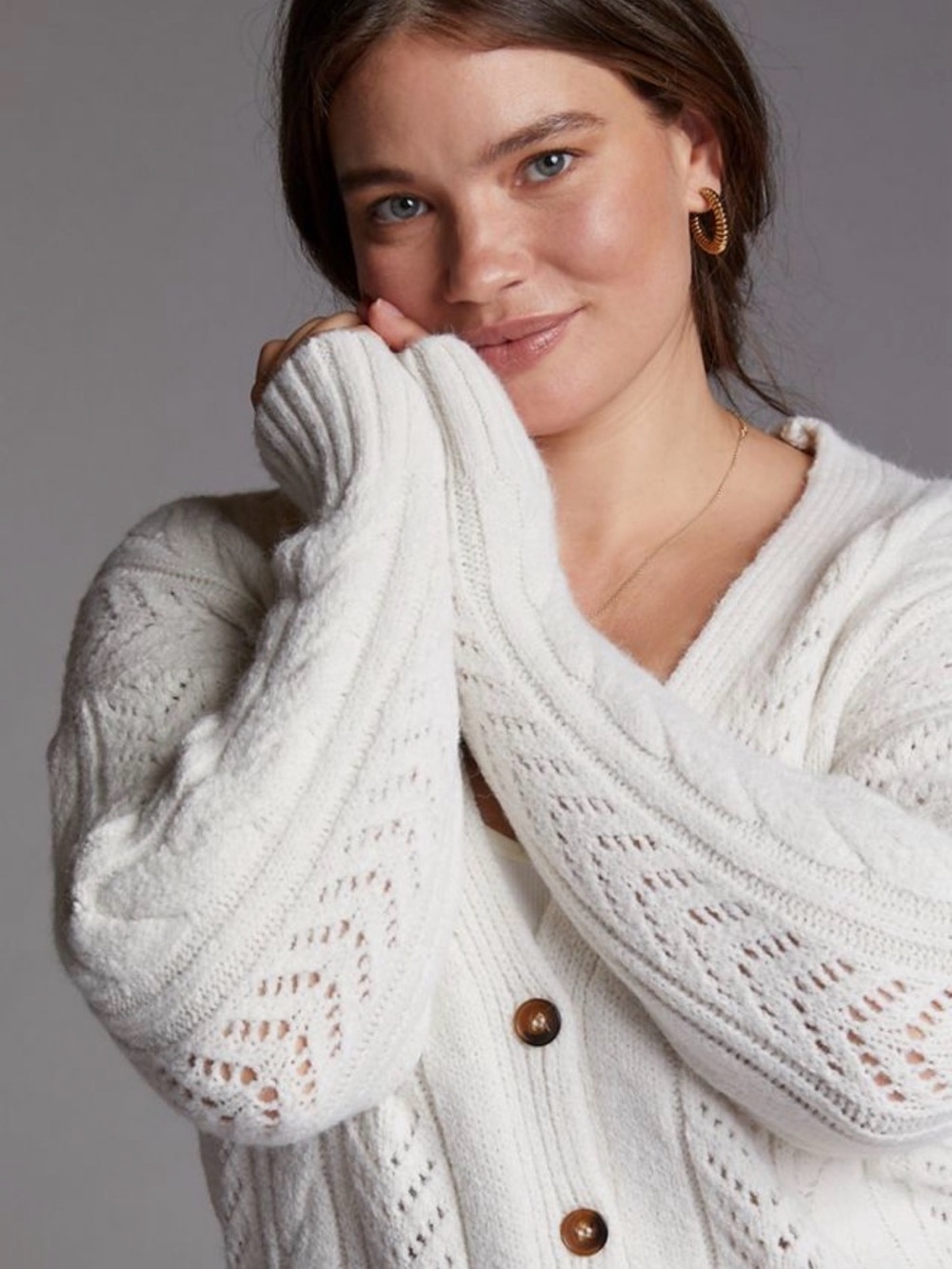 Anthropologie Classic Pointelle Cable Knit Cardigan Ivory Cream Large - Picture 2 of 6